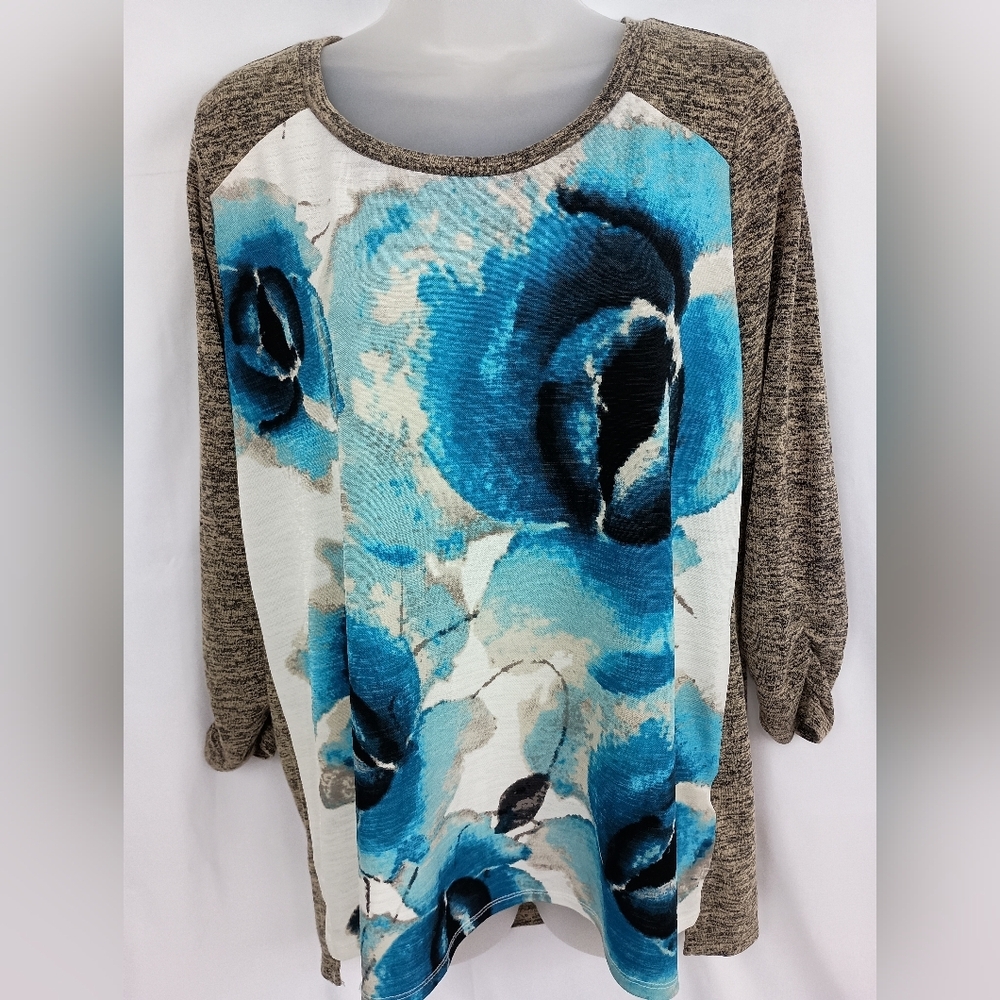 Style & Co Cozy Artsy Brown White Bold Print Blue Floral Long Sleeve Top